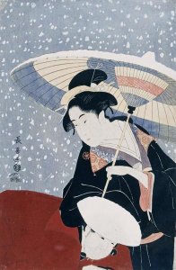 Eishosai Choki - A Manservant Clearing The Geta of a Beauty On a Winters Day