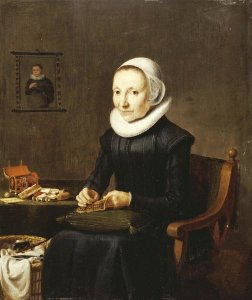 Dutch School - Portrait of An Old Lady, Embroidering