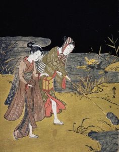 Suzuki Harunobu - A Young Couple Catching Fireflies at Night On The Banks of a River