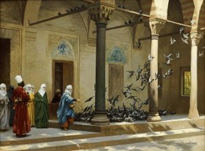 Jean Leon Gerome - Harem Women Feeding Pigeons In a Courtyard
