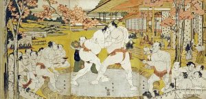 Katsukawa Shunei - A Triptych of a Wrestling Bout