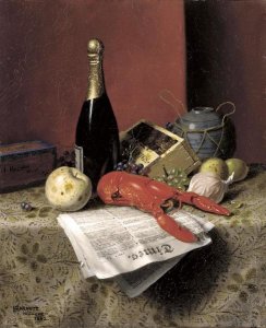 William Michael Harnett - Still Life With Lobster, Fruit, Champagne and Newspaper