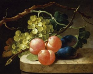 Follower of Antoni de Lust - Grapes on a Vine, Peaches and Plums on a Ledge