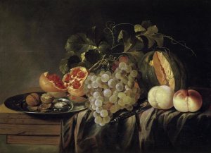 Jasper Gerardi - Still Life of a Melon on a Pewter Plate and Peaches