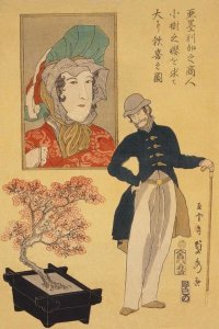 Sadahide Utagawa - American merchant delighted with miniature cherry tree (Amerika no shonin shoju no sakura o motomete oi ni kanki no zu), 1861