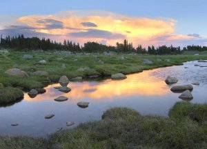 Tim Fitzharris - Clouds and sunset reflected in stream, Hellroaring Plateau, Montana