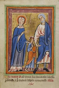 Unknown 12th Century Illuminator - Christ Led to Jerusalem by Mary and Joseph
