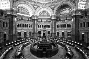 Carol Highsmith - Main Reading Room. View from above showing researcher desks. Library of Congress Thomas Jefferson Building, Washington, D.C. - Black and White Variant