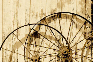 Carol Highsmith - Old wagon wheels against a shed in Buffalo Gap Historic Village, near Abilene, TX - Sepia