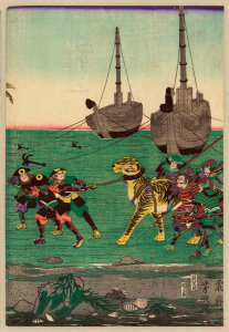 Gusokuya - Sato Masakiyo chosen ni ei mei o kagayakasu zu (Sato Masakiyo on a beach) – Triptych right panel, 1874