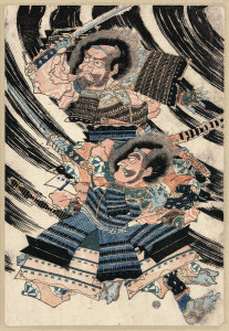 Unknown 19th Century Japanese Printmaker - Raikō sitennō to shutendōji no kubi (Warriors fighting a demon) – Triptych right panel, ca. 1820s
