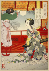 Tsukioka Yoshitoshi - With the Yunhe across her Lap she Gazes at the Moon - Wang Changling. From the series: One Hundred Aspects of the Moon