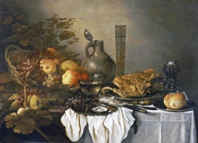 Pieter Claesz - A Still Life With a Roemer, Oysters, a Roll and Meat