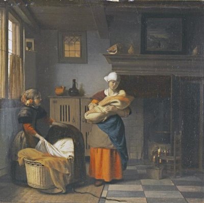 Pieter De Hooch - A Young Woman and a Girl Putting a Baby To Bed In a Cradle