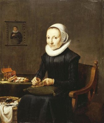 Dutch School - Portrait of An Old Lady, Embroidering
