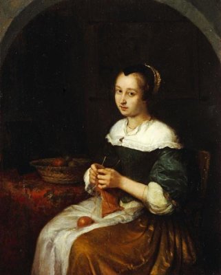 Caspar Netscher - A Woman Knitting With a Basket of Fruit