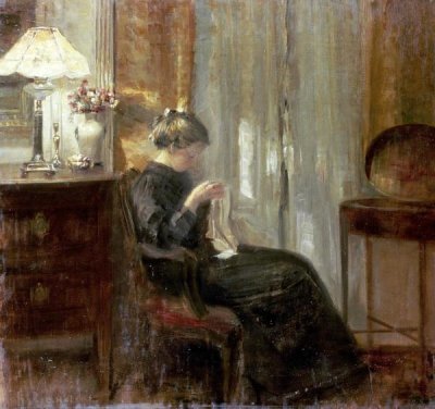 Carl Holsoe - A Woman Sewing In An Interior