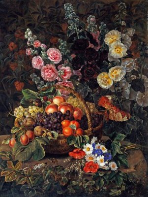 A Still Life of Flowers and a Basket of Fruit