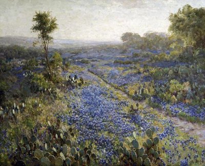 Julian Onderdonk - Field of Texas Bluebonnets and Prickly Pear Cacti