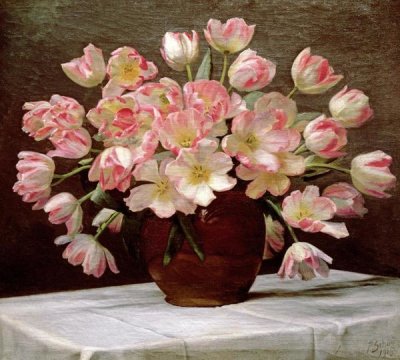 Peter Johan Schou - Tulips In a Vase on a Draped Table