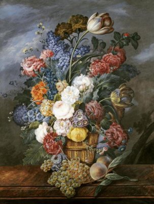 Marie Von Pachner - A Still Life of Mixed Flowers In a Vase on a Stone Ledge