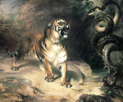 William Huggins - Tiger Confronting a Snake by a Stream
