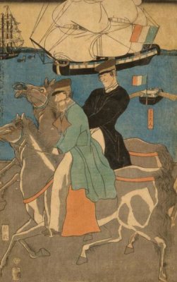 Sadahide Utagawa - French men taking horse ride on Sunday in Yokohama (Yokohama kyujitsu Furansujin uma yuko), 1861