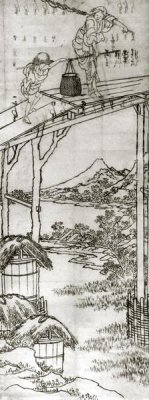 Hokusai - A Woman And A Boy Crossing A Bridge 1830s