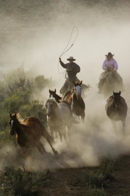 Konrad Wothe - Horses herded by cowboy and cowgirl, Oregon