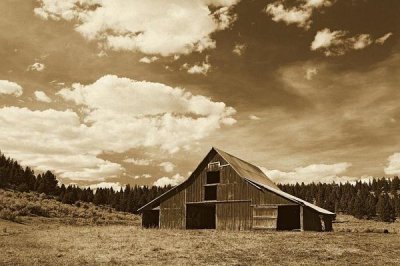 Konrad Wothe - Old red barn in pastoral landscape, Oregon - Sepia