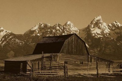 Pete Oxford - Cunningham Cabin in front of Grand Teton Range, Wyoming - Sepia