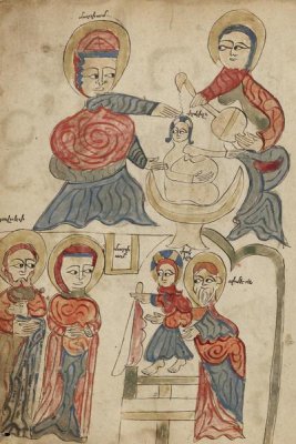 Unknown, 14th Century Illuminator - Bathing the Christ Child and The Presentation in the Temple