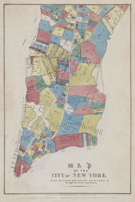 New York Common Council - Map of the City of New York showing original high water line and the location of different Farms and Estates, 1853