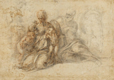 Michelangelo - The Holy Family with the Infant Saint John the Baptist (recto); Amorous Putti at Play; Head of a Bird (verso)