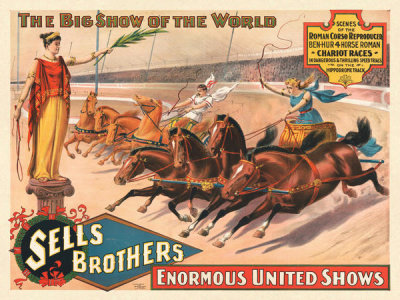 Strobridge Litho Co. - Sells Brothers Circus: Ben-Hur 4 Horse Roman Chariot Races Reproduced, ca. 1895