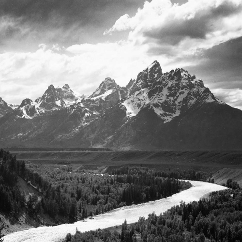 Ansel Adams, View from river valley towards snow covered mountains, river in foreground, Grand Teton National Park, Wyoming , 1941