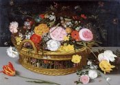 Jan Brueghel the Elder - Roses Tulips, and Other Flowers In a Wicker Basket
