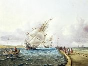 James E. Buttersworth - Square Rigged Ships off Jetty
