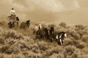 Konrad Wothe - Cowboys herding a Horse group through Sagebrush, Oregon - Sepia