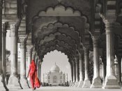 Pangea Images - Woman in traditional Sari walking towards Taj Mahal (BW)