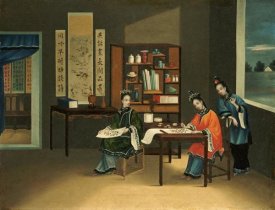 Chinese School - An Interior With a Woman Painting Flowers