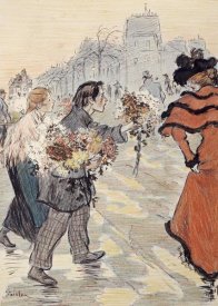 Theophile Steinlen - A Street Scene With Flower Vendors