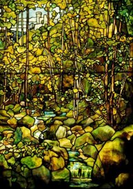Tiffany Studios - A Leaded Glass Window of a Woodland Scene