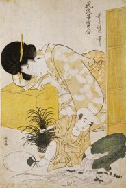 Kitagawa Utamaro - A Mother Dozing While Her Child Topples a Fish Bowl
