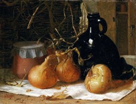 Harry Brooker - Onions, a Jug and a Ceramic Pot On a Tablecloth