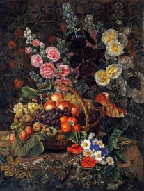 Johan Laurents Jensen - A Still Life of Flowers and a Basket of Fruit