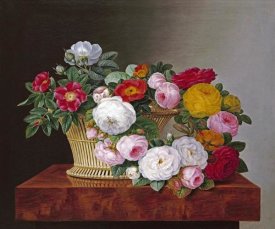 Johan Laurents Jensen - Still Life of Roses In a Basket on a Ledge