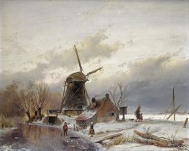 Andreas Schelfhout - A Frozen River Landscape With a Windmill