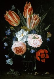 Jan Van Kessel - Tulips and Roses In A Glass Vase