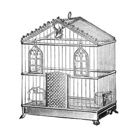 Catalog Illustration - Etchings: Birdcage - Peaked top, window and deer head detail.
